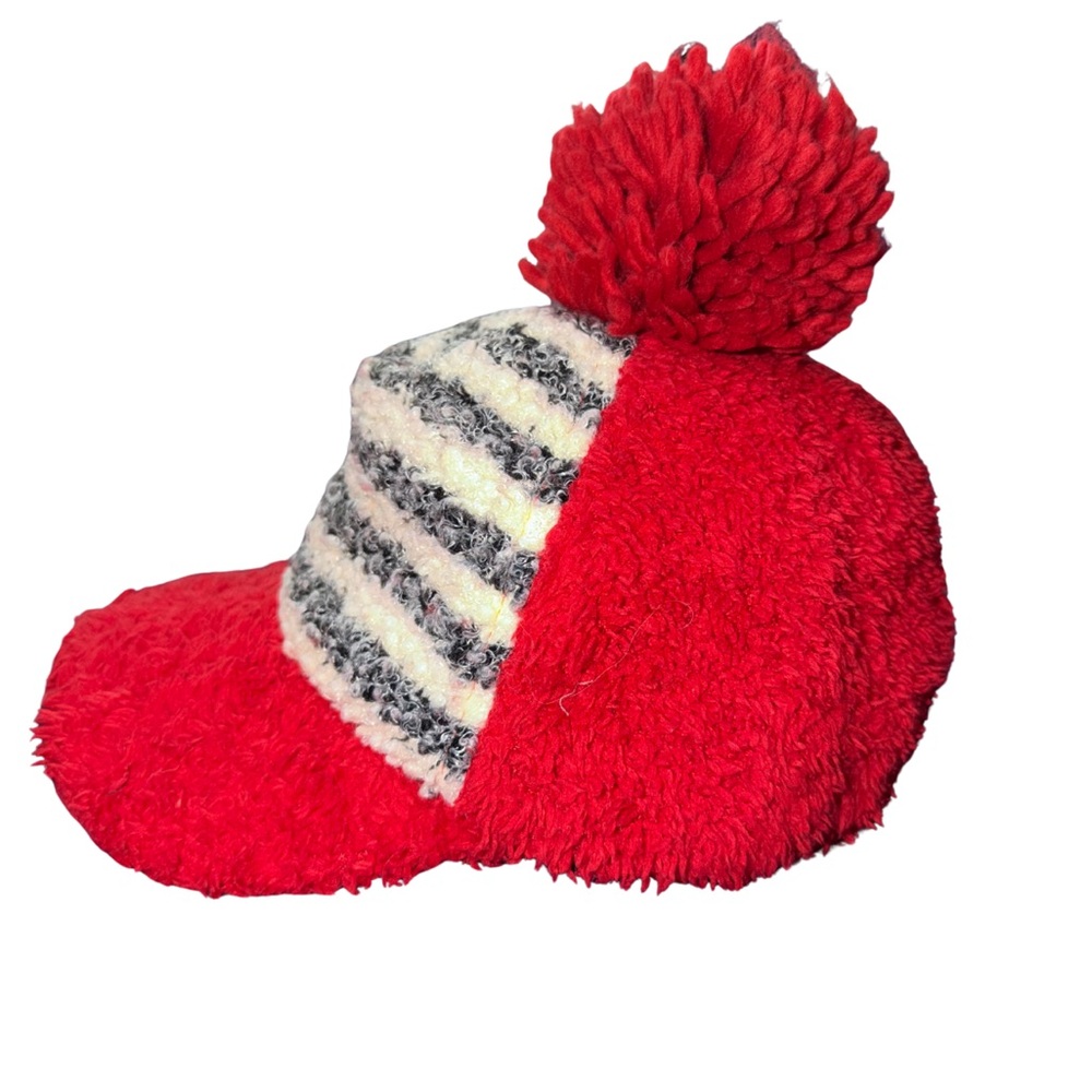 Red and White Striped Pom-Pom Hat